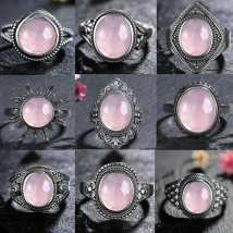 Vintage S925 Sterling Silver Ring Oval Round Natural Rose Quartz Ring Pink Stone Sun Shaped Retro Silver Fine Jewelry For Women
