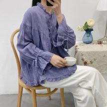 Johnature 2024 New Ruffles Linen Lace-up Women Shirts Tops Spring Summer Vintage Mori Loose Slits Female Blouses