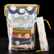 PVC Plastic Storage Bag With Drawstring Portable Travel Waterproof Transparent Matte Cosmetic Bag Small Daisy Pattern Organizer