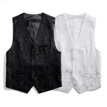 Roses Embroidered V-neck Sleeveless Vest Jacket Men,White,Black Single-breasted Button Suit Vests, Asian Size Male Waistcoat