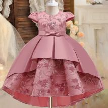 Flower Embroidery Party Girls Dress Elegant Bow Weddding Gala Princess Dress Girl Birthday Prom Kids Clothing Christmas Costumes