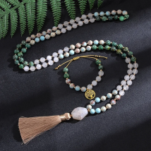 8mm White Stone African Turquoise Beads Knotted Japamala Necklace Meditation Yoga Jewelry Set 108 Mala Rosary