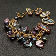YYGEM  Vintage Style natural Black  Top-Drilled Keshi Pearl  Biwa freshwater Pearl Gold Filled Wrap Bracelet 8"