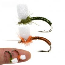 Vampfly 6pcs 12# White Foam Head Suspender Buzzers Fly Barbed Fly Tying Hook Emergers Pupa Nymph Fly Trout Fishing Lures