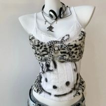 Women Y2K Leopard Patchwork Tank Top Lace Trim Sleeveless Camisole with Bow Detail Grunge Aesthetic Sexy Streetwear Vest 2025