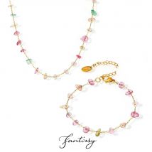 Fashion Colorful Crystal Pendant Necklace Bracelet Set 2pcs Women Stainless Steel Gold Plated Chain Bohemian Jewelry Accessories