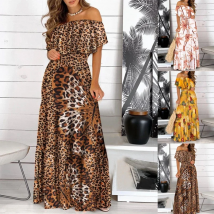 2022 New Fashion Leopard Robe Print Long Dress Ruffle Maxi Sundress Bohemian Women Summer Sexy Casual Elegant Strapless Vestidos