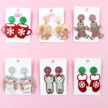 Custom Hot Sale Christmas Dangle Earrings Stainless Steel Cat Sloth Tree Gloves Gingerbread Glitter Acrylic Jewelry