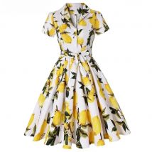Hepburn Style Lemon Printed Vintage Dresses 1950s 60s Office 2025 Turn Down Collar Short Sleeve Tunic A-Line Belted Cotton Dress