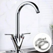 DayPlus Kitchen Mixer Tap Traditional 360° Swivel Spout Monobloc Basin Taps Faucet Twin Lever Hot & Cold Water Control+ Hoses
