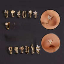 Fake Piercing Clip Nose Ring Cuff Body Jewelry for Women New Trend 1PCS Ear Cuffs Heart Star Flowers Butterfly Clip Rings KAE197