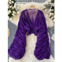 Summer Sexy Draped Chiffon Blouse for Women Elegant V-Neck Puff Long Sleeve Short Tops Female Slim Party Shirts 2022 New Fashion