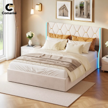 Comanlai 140x200 cm Letto imbottito con illuminazione a LED, Letto matrimoniale con rete a doghe Struttura letto contenitore idraulico - Tessuto in velluto