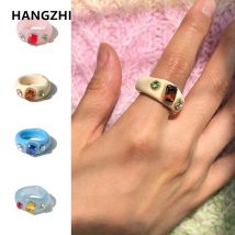 HangZhi 2020 Neuer japanischer, einzigartiger, klobiger, bunter Strassstein-Ring aus transparentem Acryl-Kunststoff für Frauen und Mädchen, Party-Schmuck