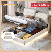 UrbanLuxe Letto matrimoniale imbottito 160x200 cm con barra luminosa a LED e presa euro, testiera pieghevole, letto contenitore, velluto