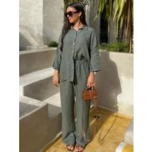 Women's Suit Solid Cotton Linen Two Piece Set Spring Summer Fashion Button Shirt + Pants Sets Casual Loose Style 2 Piece Outfit