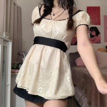 Dourbesty Fairycore Cute Girl Lace A-line Tops Y2K Grunge Patchwork Short Sleeve T-Shirts Women Kawaii Preppy Style Streetwear
