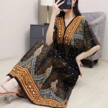 Retro Vintage Women's Midi Dress Short Sleeve Print Dress Elegant Office Lady's A-Line Dress 2025 Summer New Trend Female Dress