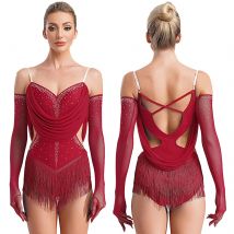 Womens Tassel Latin Dance Leotard Tango Cha-Cha Salsa Figure Skating Performance Costume Shiny Rhinestones Bodysuit with Gloves