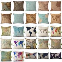18 inches Watercolor Vintage Style Cushion Cover world map Pattern Cotton Linen Pillow Cover Cushion Cover PillowCase Home Decor