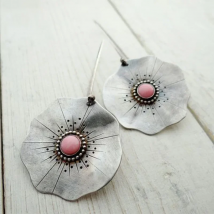 Ethnic Lotus Leaf Flower Drop Earrings for Women Vintage Silver Color Inlaid Pink Beads Stone Dangle Earrings Jewelry Gifts