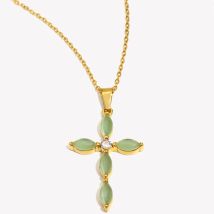 E.B.belle Satinless Steel Green Cross Pendant Charm Necklace With Zircon Creative Personalied Jewelry Accessories For Women
