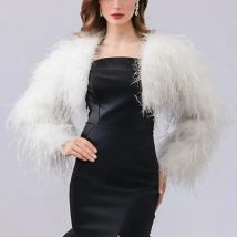 Ostrich Feather Short Crop Jacket Furry Coat for Dinner, Concert, Wedding Party, Luxurious Bolero Shawl, Black Cape Long Sleeve