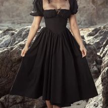 Vintage Woemn Black Elegant Party Dresses Puff Short Sleeve Square Neck A-line Midi Evening Dress Summer Robe