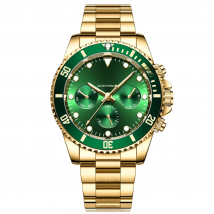 IK Coloring Men's Green Dial Mechanical Watches Top Brand Luxury Golden Stainless Steel Multifunction 6 Hand Date Wristwatches