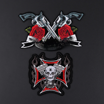 Small size Double gun rose Flower Applique Clothing Embroidery Punk skull Patch Iron On Patch For DIY Clothing accessories