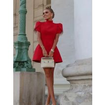 Chic Red Semi High Neck Backless Women's Mini Dress Elegant Petal Bow Single Breasted Vestidos 2024 New Evening Party Lady Gown