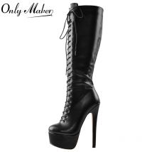 Only maker Frauen Plattform die kniehohen Stiefel vorne Schnürung dünne Ferse Stiletto Stretch große