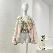 green floral buttons print long sleeve v neck diamonds blouse tops