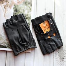 Half Finger Leather Gloves Female sSheepskin Short Fashion Hollow Rivet Style Thin Outdoor Sports Car Driving Locomotive Riding