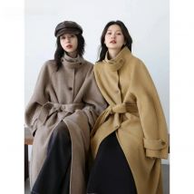 CHIC VEN Korean Women Woolen Coat Single Breasted Loose Stand Collar Belt Long Double-sided Ladies Overcoat Autumn Winter 2024