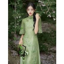 High-end Modern Cheongsam Dress Green Women's Clothing 2024 Improved Retro Chinese Traditional Elegant Chiffon Dress Pink Qipao