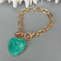 KKGEM  32mm Green Quartz Heart Charm Yellow Gold Plated Charm Link Chain Bracelet