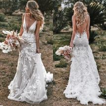 LORIE Vintage Mermaid Wedding Dresses 2024 V-neck Backless Lace Appliques 3D Flowers Country Bridal Gown Plus Size Custom Made