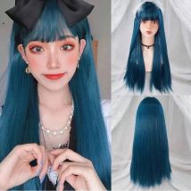 GAKA Dark Blue Long Straight Synthetic Lolita Cosplay Wig With Bangs For Women Party Darily Headgear Red Pink Blonde Hair