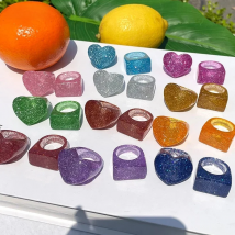 HUANZHI 2021 New Transparent Color Shiny love Heart Square Resin Acrylic Rings Set Geometry for Women Girls Travel Party Jewelry