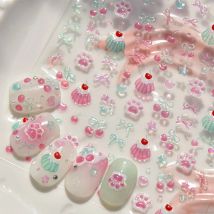 Lovely Green Pink Cherry Pudding Claw Paw Love Heart Bowknot Soft Embossed Reliefs Adhesive Nail Art Stickers Manicure Decals
