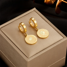 DIEYURO 316L Stainless Steel Round Portrait Coin Earrings For Women Vintage Gold Color Hoop Earrings Girls Party Jewelry Gifts