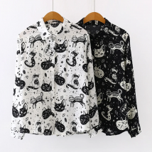 Autumn Spring Women Shirts Black White Cartoon Cat Print Blouses Fashion Slim Long Sleeve Chiffon Shirt Female Tops Blusas Mujer