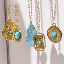 Charm Necklace Green Natural Stones Water Drop Geometric Metal Sun Cross Pendant Necklaces for Women Stainless Steel Jewelry