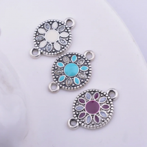12pcs 15*22mm Antique Silver Round Purple Blue Enamelled Connector Two Holes  Earring Pendant Base Jewelry Findings