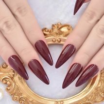 Maroon Red Gel Fantasy False Nails Almond Pointed Dark Sexy False Nails Medium Long Size Stiletto Tips with Glue Sticker