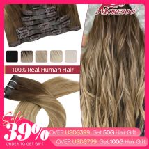 Moresoo PU-Clip-in-Extensions, echtes Echthaar, glatt, nahtlos, unsichtbar, 7 Stück, Balayage Ombre