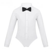 Kids Boys Latin Dance Costumes Cotton One-Piece Long Sleeves Lapel Bowtie Romper Shirt Leotard Bodysuit Modern Ballet Dancewear