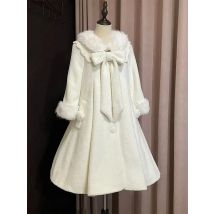 Winter Sweet Kawaii Plush Long Coat Women Japanese Bow Lolita College Style Elegant Warm Overcoat Female Y2k Design Outfits New