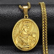 Saint Barbara Cross Medallion Necklace for Women Men Stainless Steel Gold Color Amulet Christian Chain Jewelry colar NZZ474S02